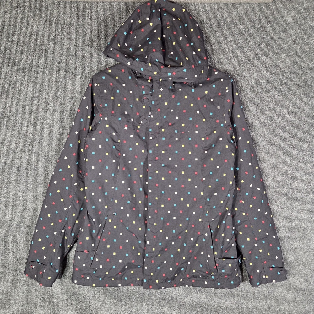 Burton DryRide Womens M Snowboard Jacket Black Multicolor Dot Hooded Ski Coat